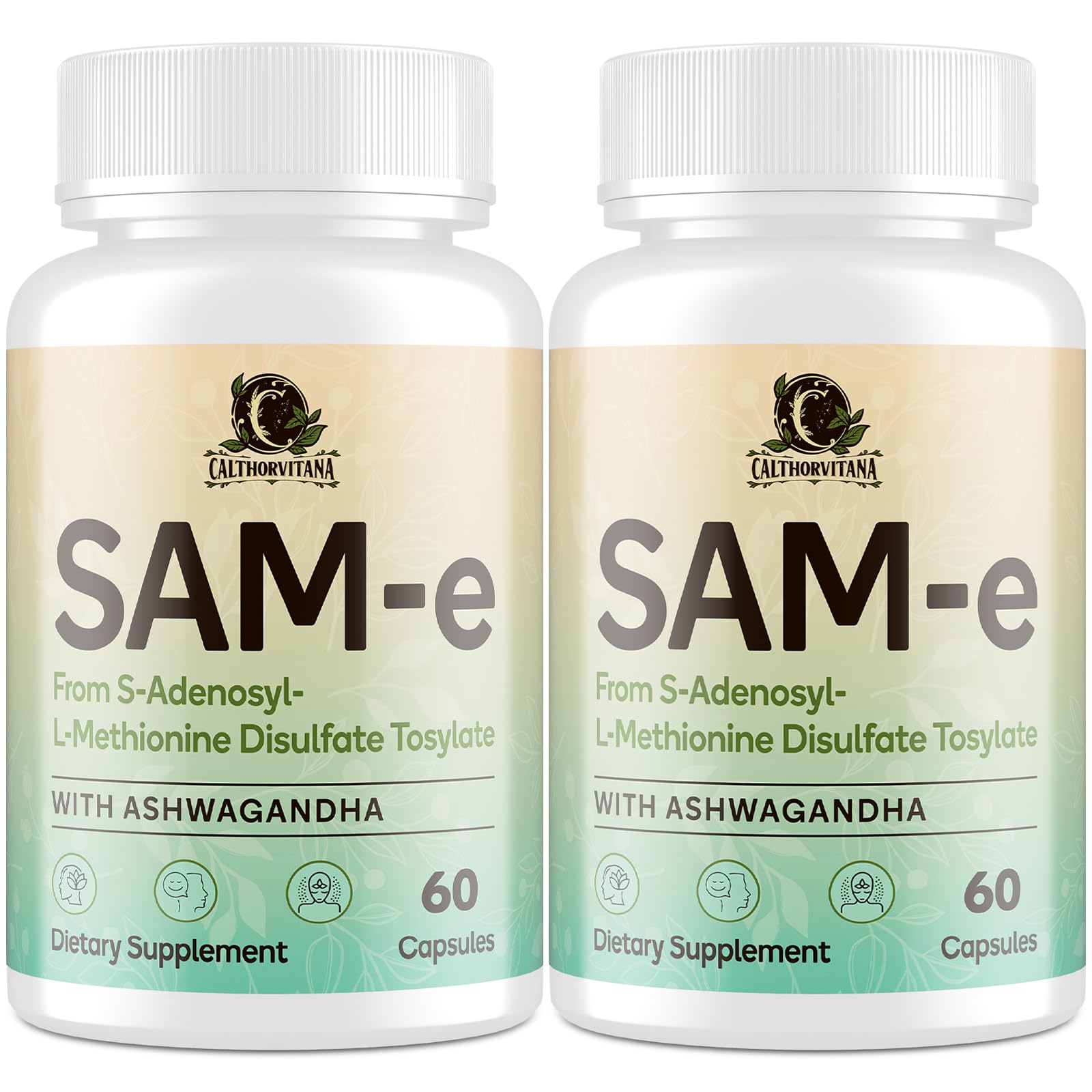 Product image showing SAM-e capsule complex with Ashwagandha, L-Theanine, Rhodiola, and St. John’s Wort