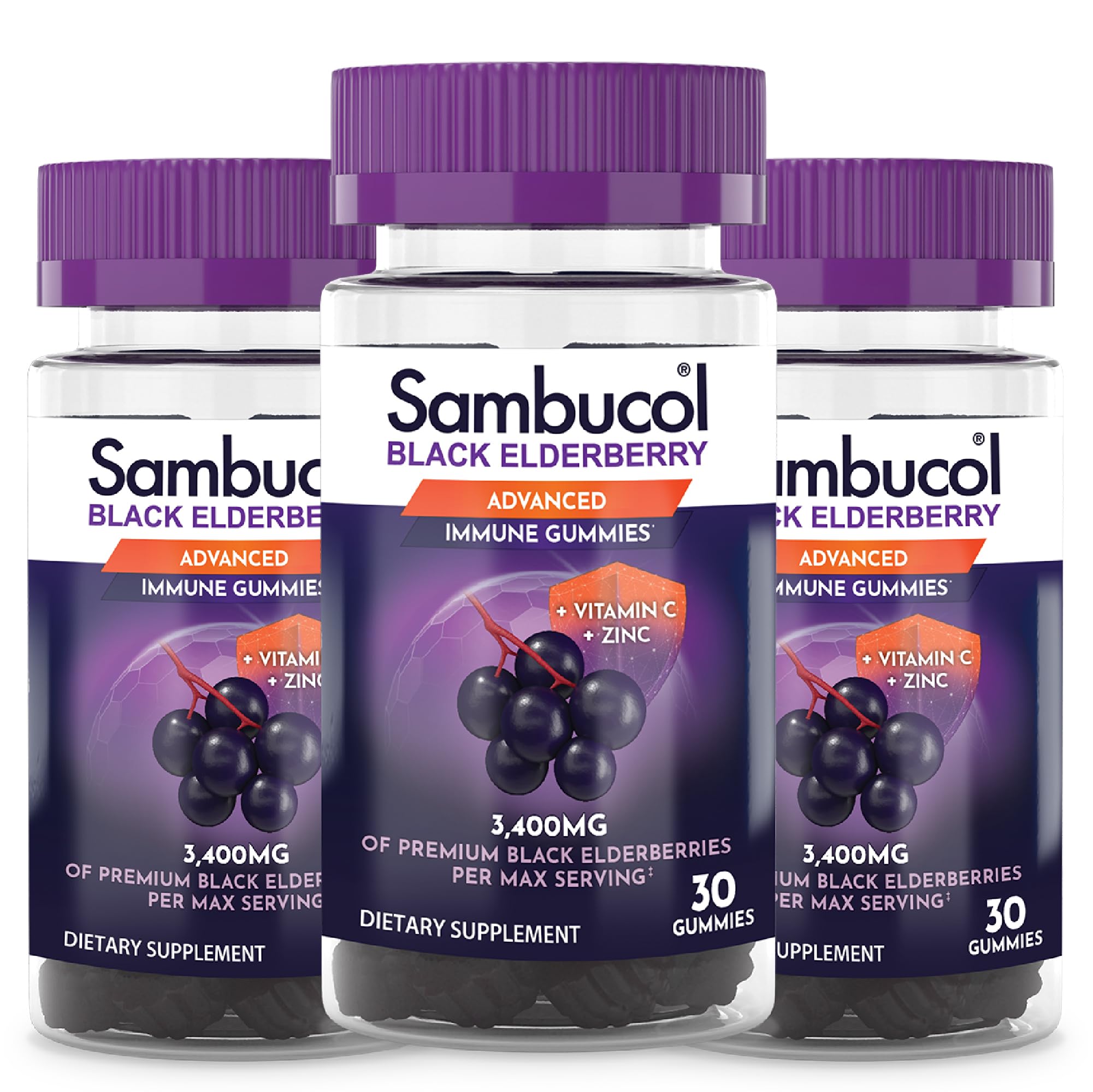 Sambucol Black Elderberry Gummies bottle label – 30-count, 3-pack