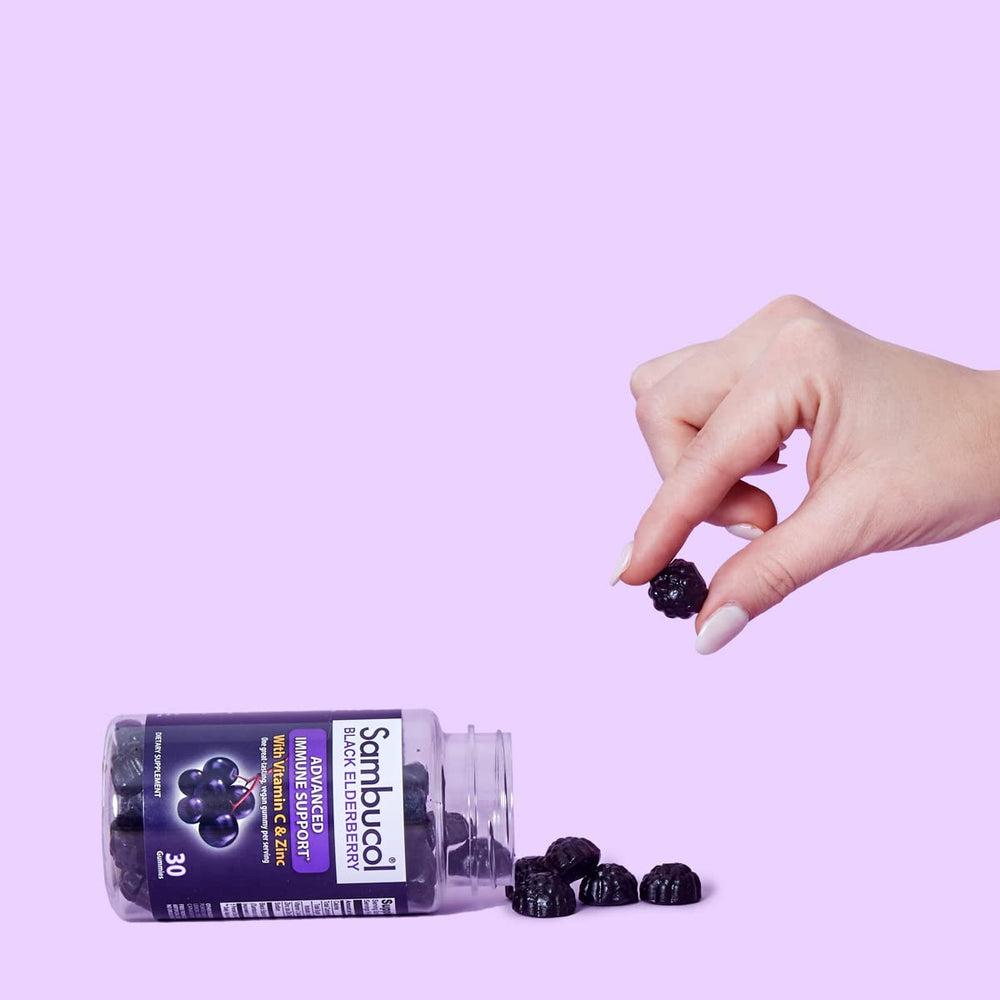 Close-up of berry-flavored Sambucol gummy
