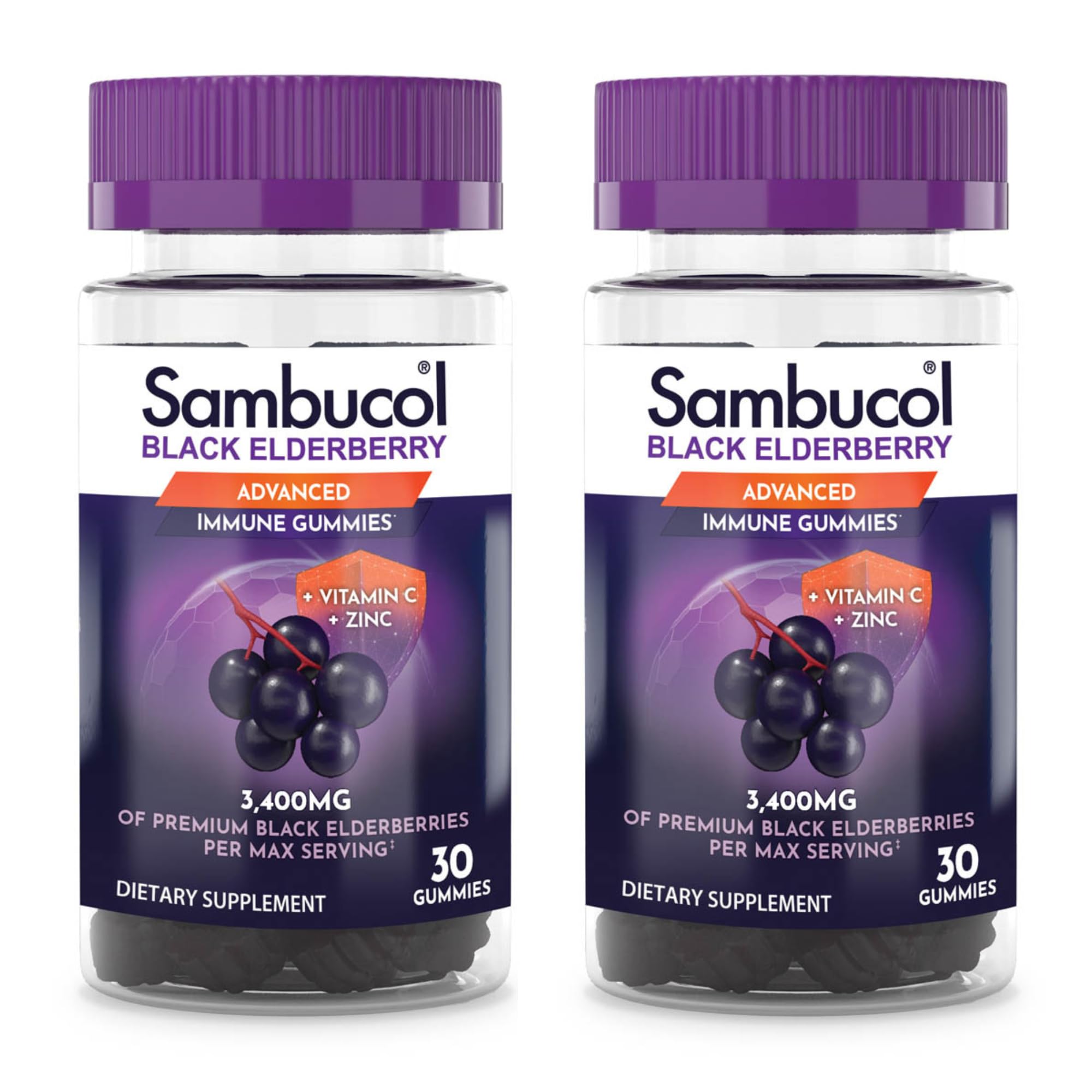 Front view of Sambucol Black Elderberry Gummies 30-count, 2-pack