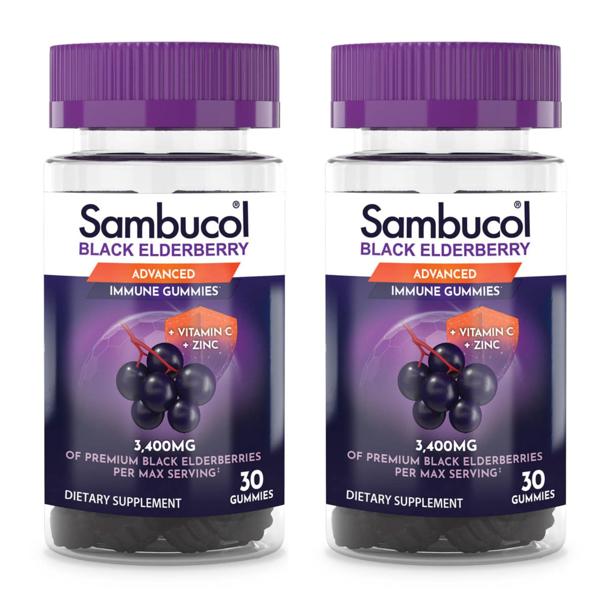 Front view of Sambucol Black Elderberry Gummies 30-count, 2-pack