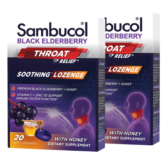 Front view of Sambucol Black Elderberry Throat Lozenges 20-count 2-pack with honey