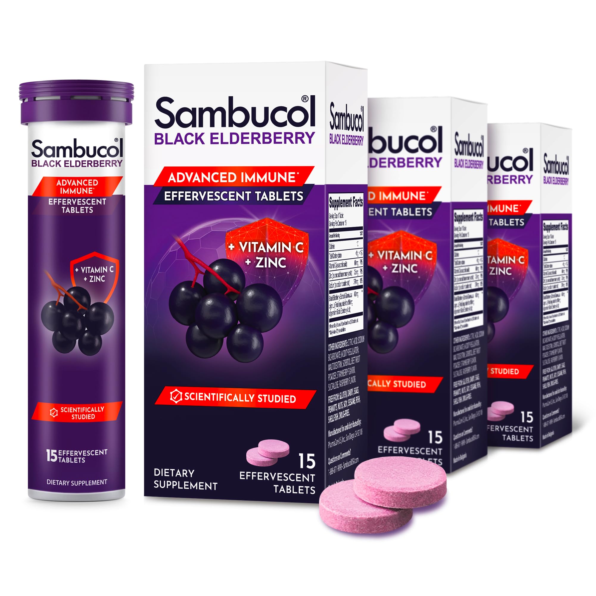 Front view of Sambucol Black Elderberry Effervescent Tabs package (15 tablets).