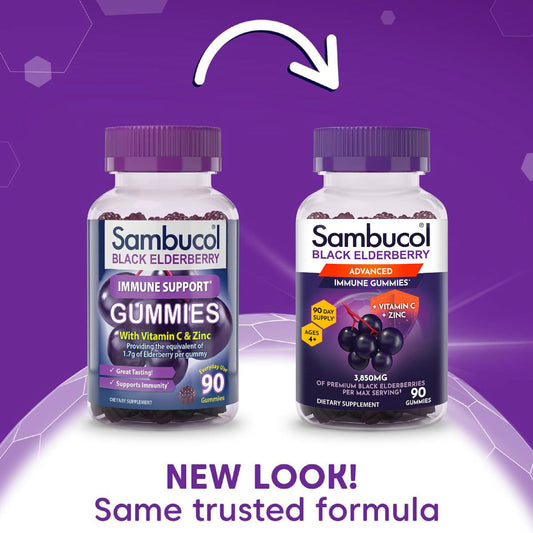 Close-up of Sambucol Elderberry Gummies highlighting immune support ingredients