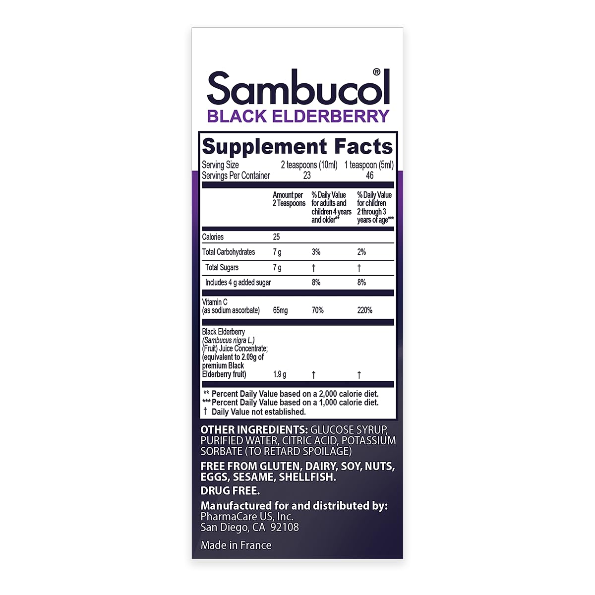Close-up of Sambucol Kids Elderberry Syrup label