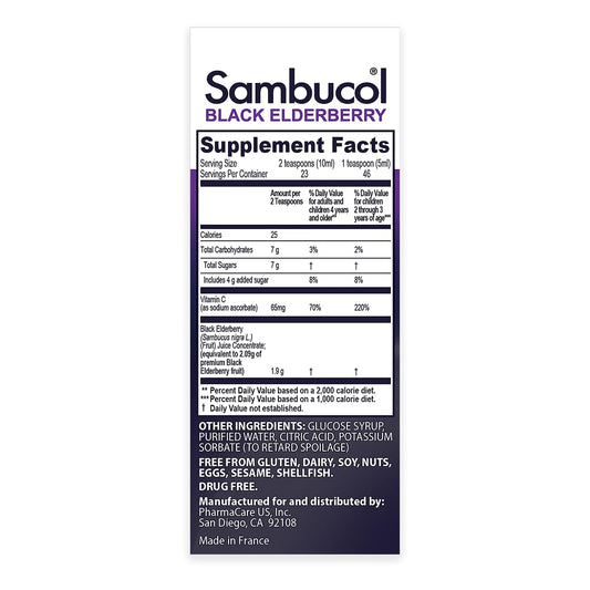 Close-up of Sambucol Kids Elderberry Syrup label
