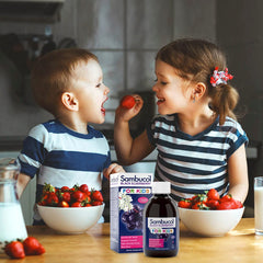 Gluten-free, dairy-free, vegan Sambucol Kids Syrup packaging