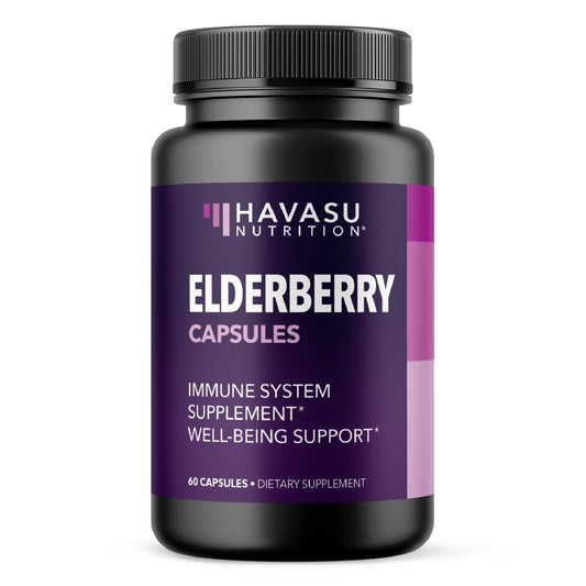 Bottle labeled Sambucus Black Elderberry Capsules with 400mg per serving