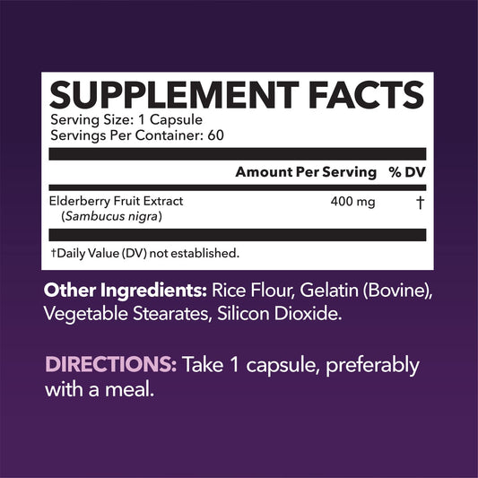Close-up of elderberry capsules showcasing 400mg extract