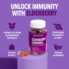 Several elderberry gummies arranged on a white background
