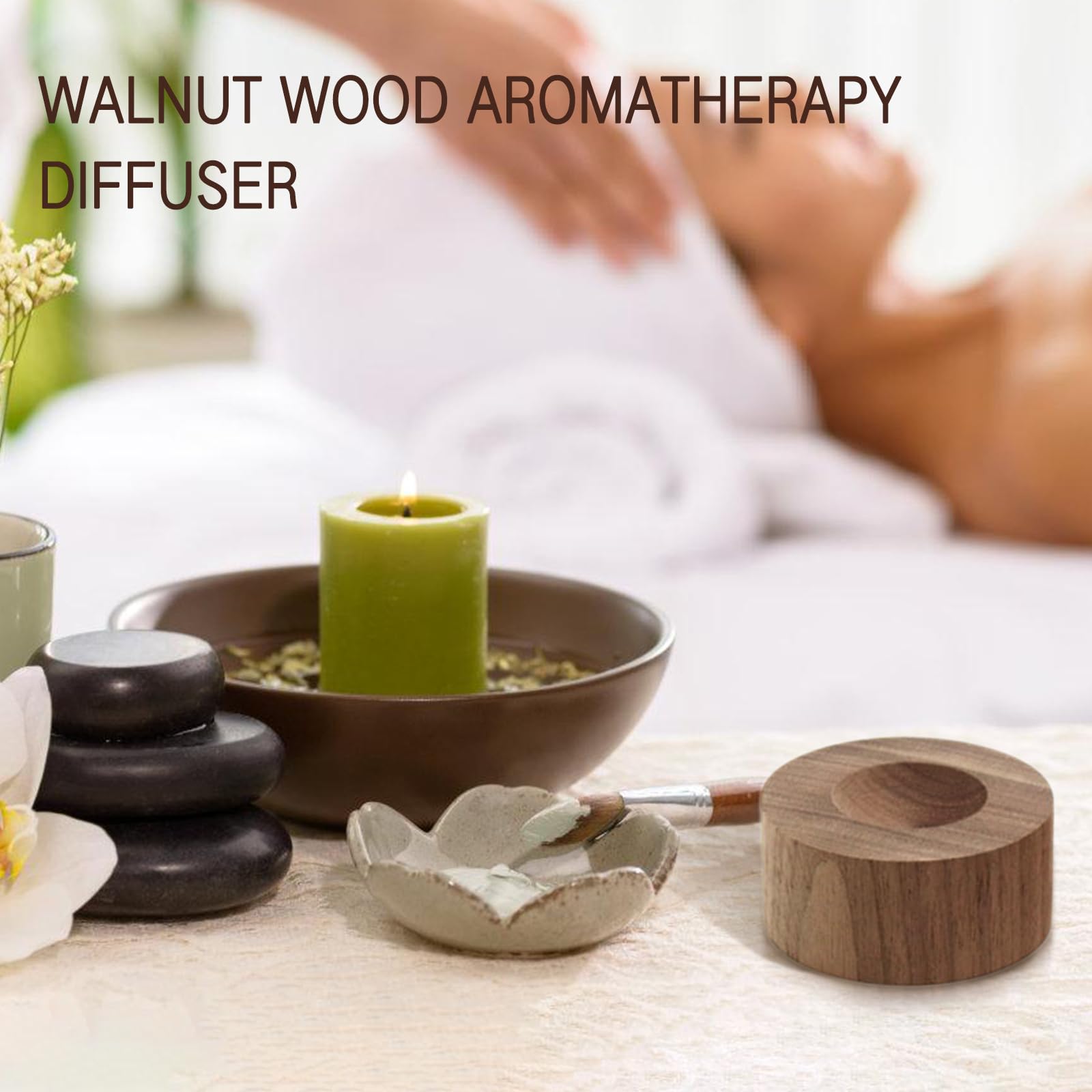 SAMIQU diffuser cylinder close-up showing smooth walnut wood finish
