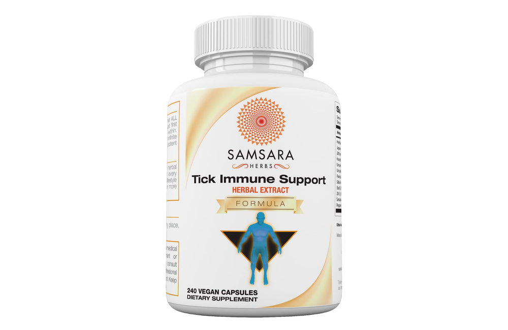 Samsara Herbs Tick Immune Support bottle front shows high-potency blend for daily wellness.