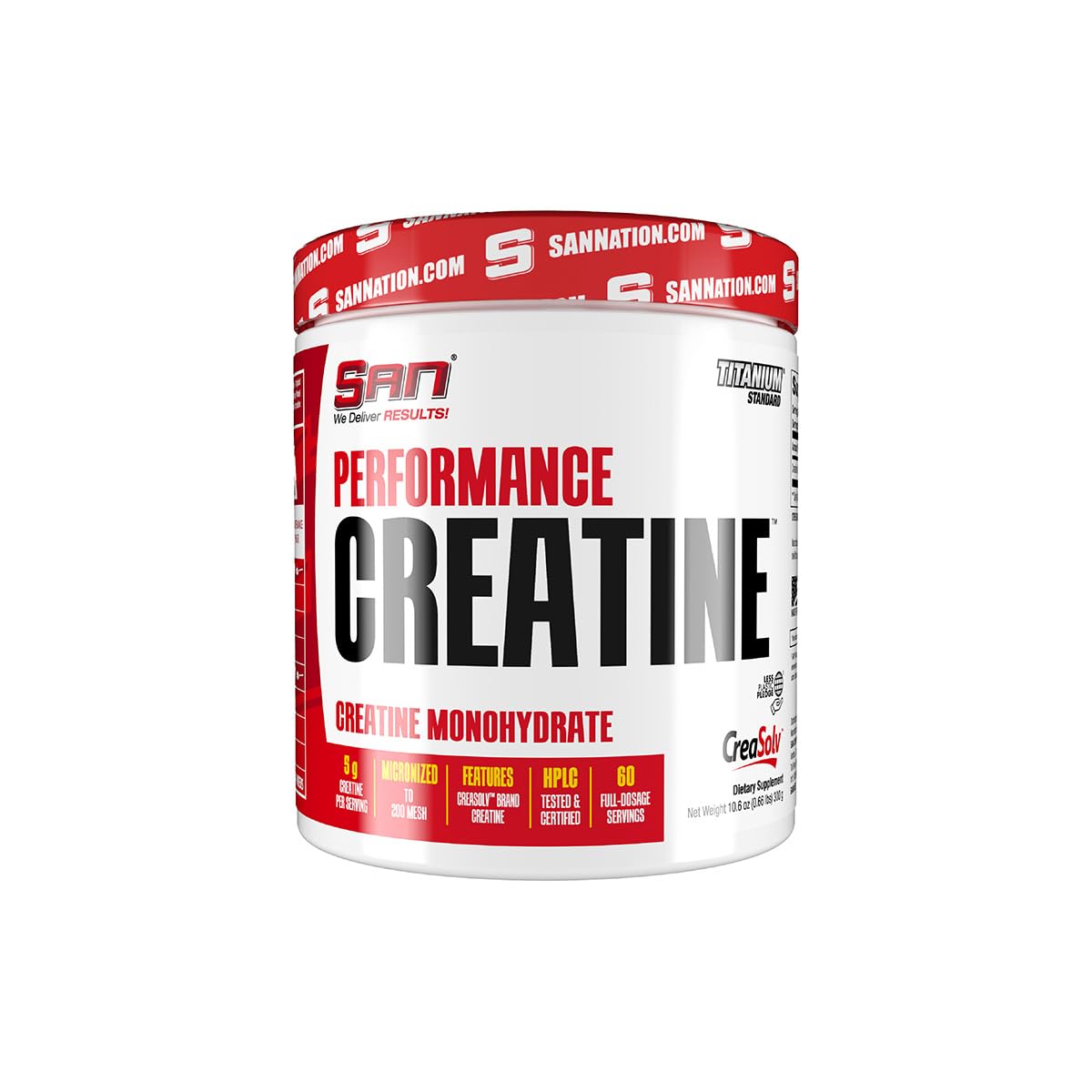 Front view of SAN Performance Creatine 300g with product label