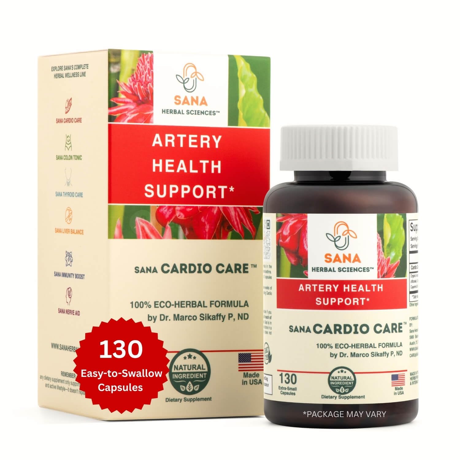 Sana Herbal Sciences artery health bottle supports blood flow and heart wellness.