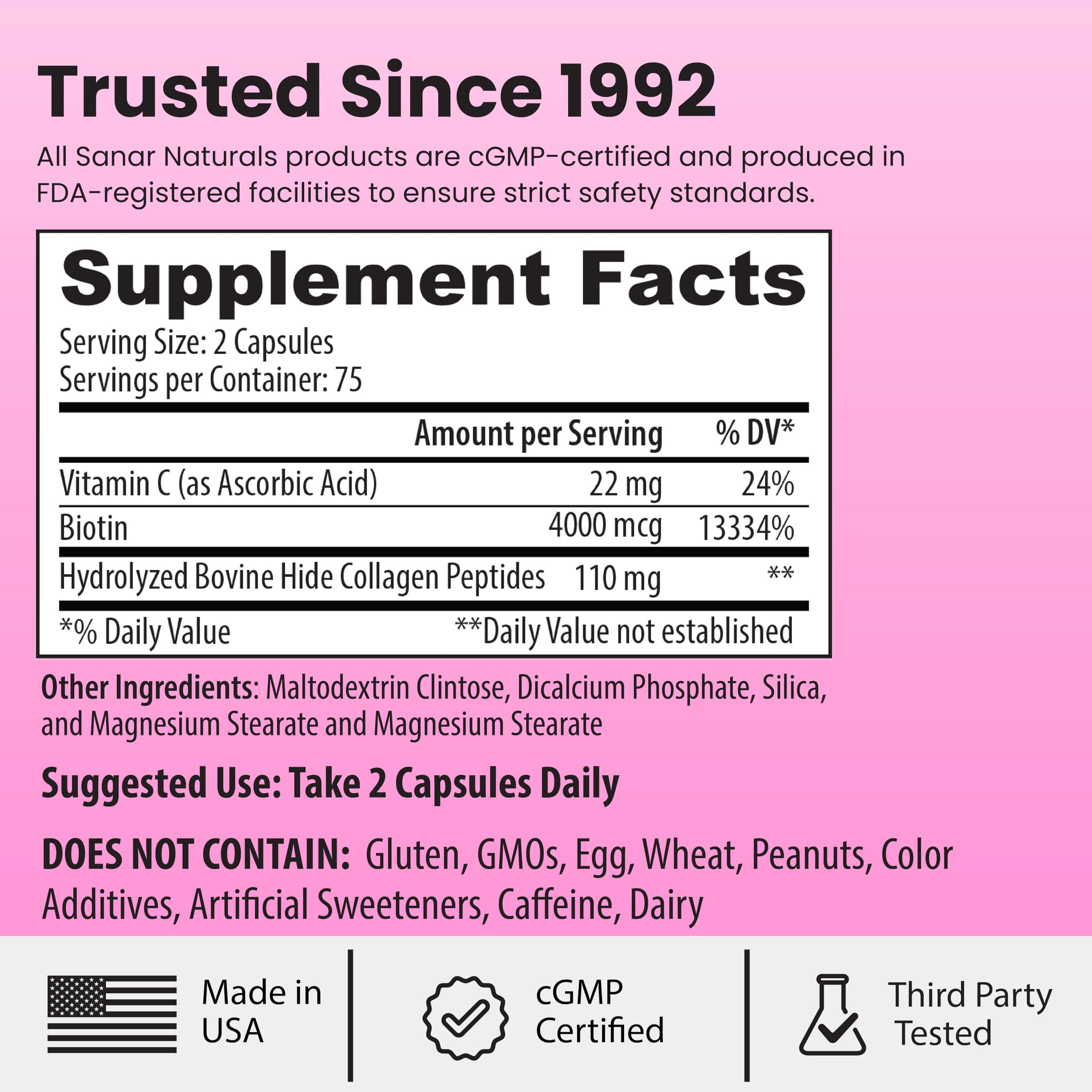 Close-up of product label highlighting Biotin and Vitamin C
