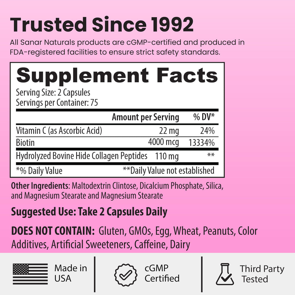 Close-up of product label highlighting Biotin and Vitamin C