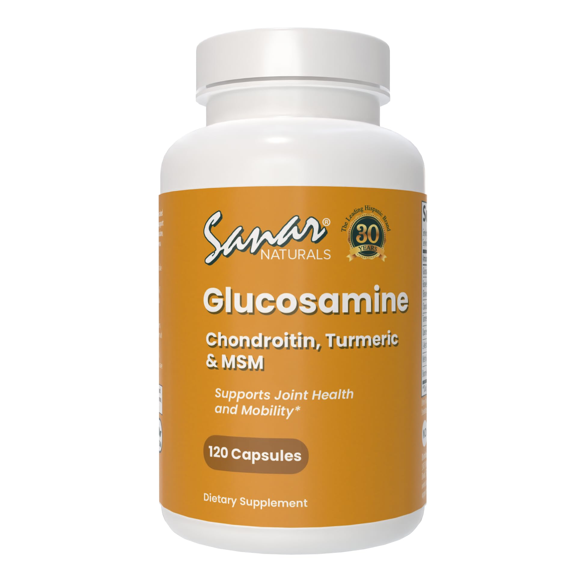 Front view of Sanar Naturals Glucosamine Chondroitin MSM Turmeric 120 capsules bottle