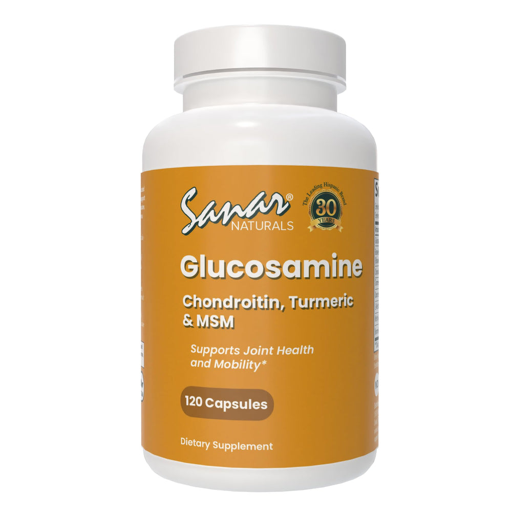 Front view of Sanar Naturals Glucosamine Chondroitin MSM Turmeric 120 capsules bottle
