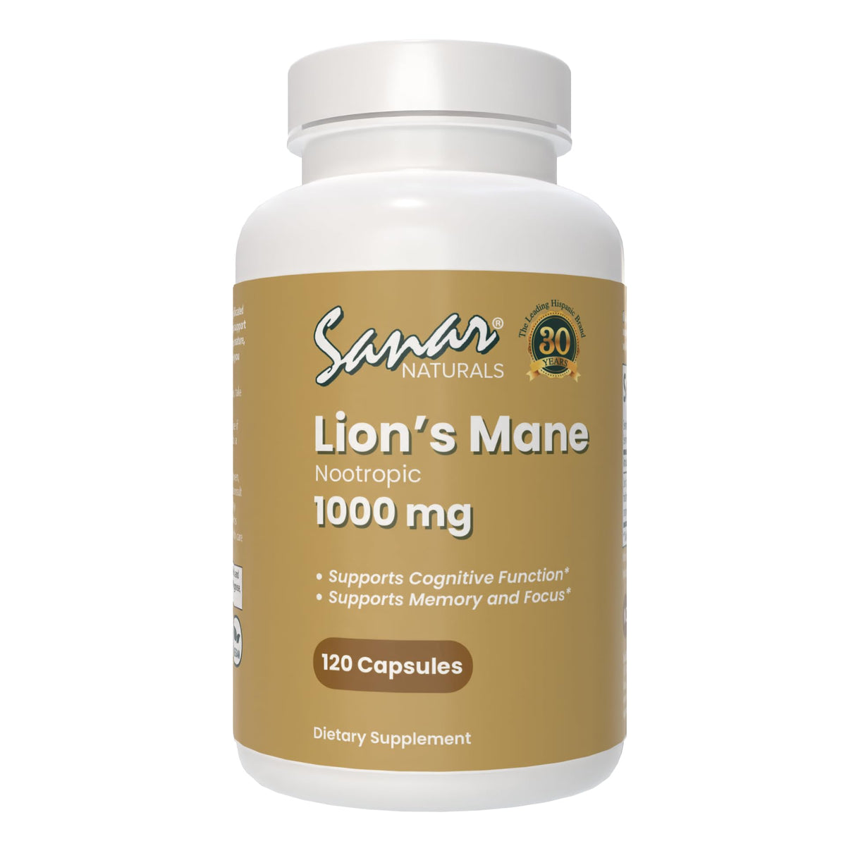 Sanar Naturals Lions Mane supplement bottle with 120 capsules.
