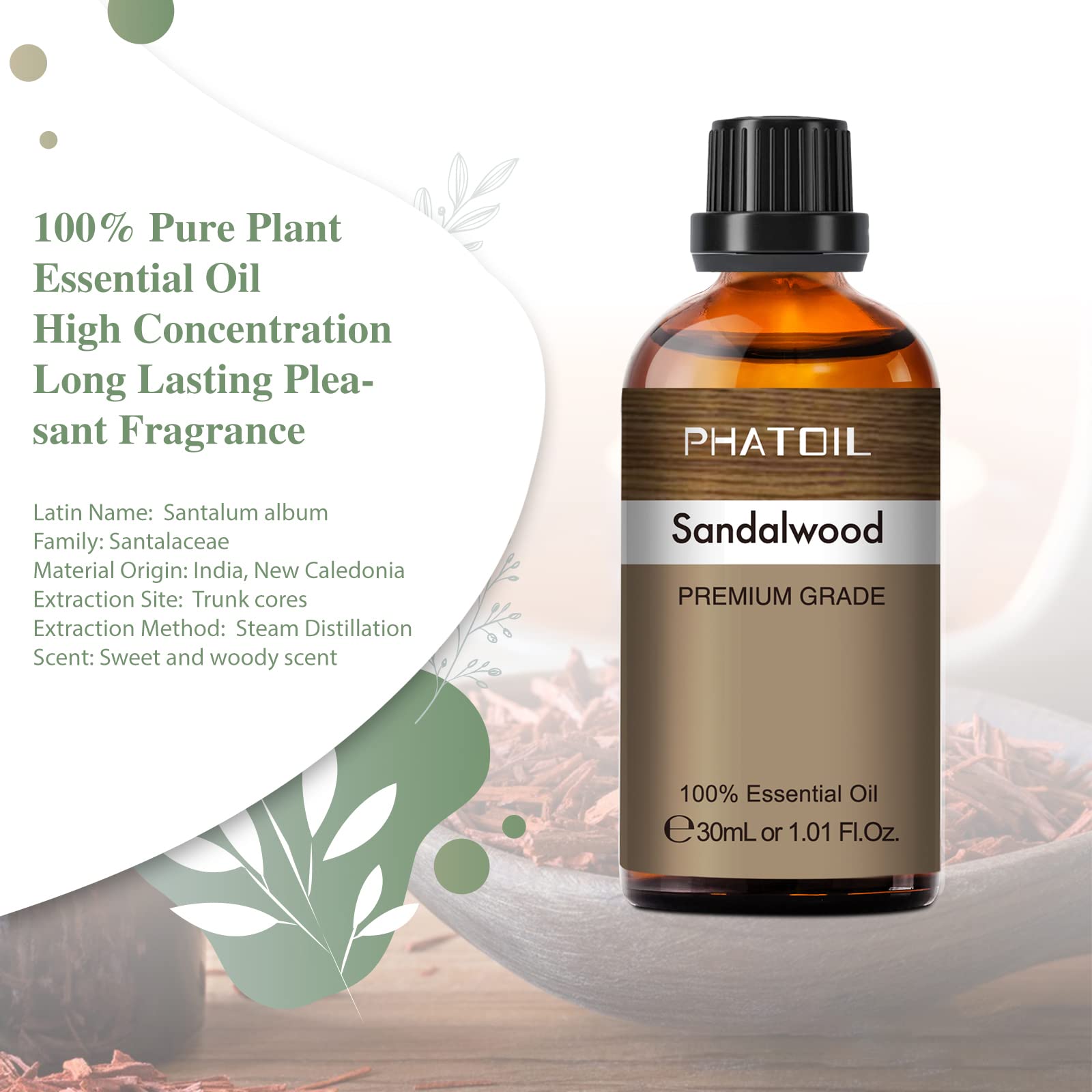 Amber glass bottle of sandalwood essential oil with dropper