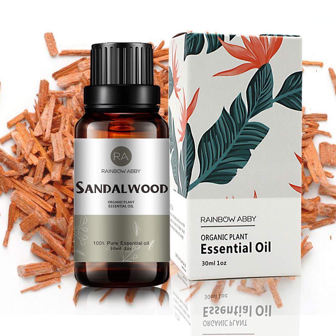 Sandalwood essential oil bottle 30ml on white background
