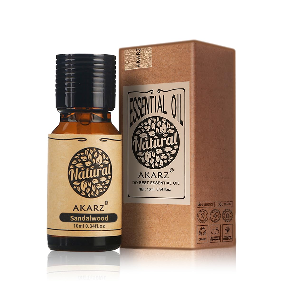 AKARZ Sandalwood Essential Oil bottle in brown glass