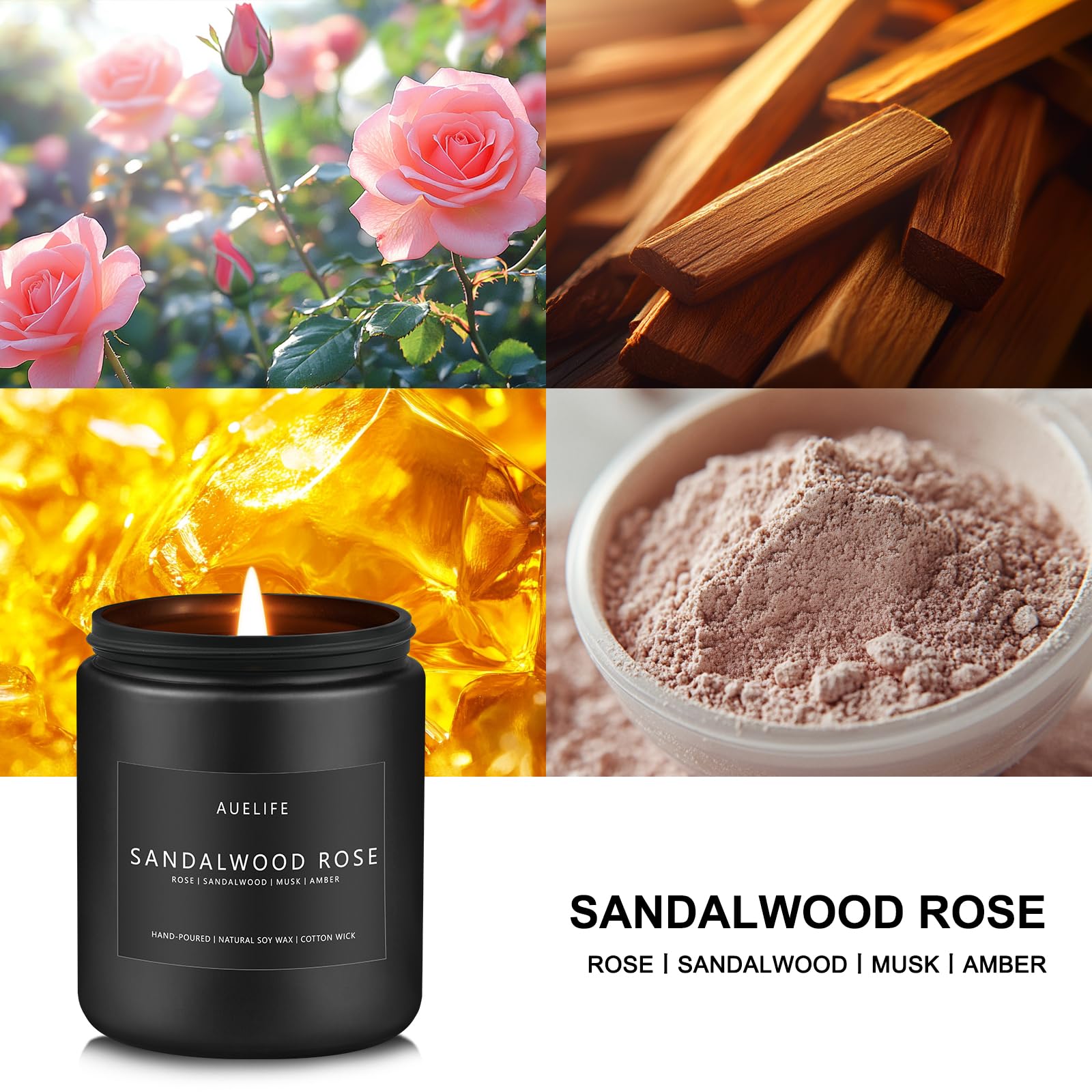 Close-up of sandalwood and rose fragrance notes