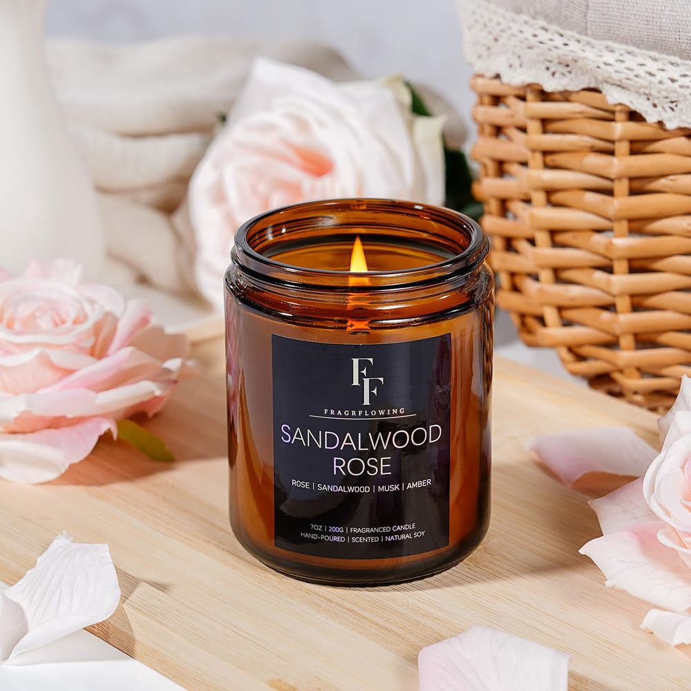 Fragrance notes of sandalwood and rose in a candle