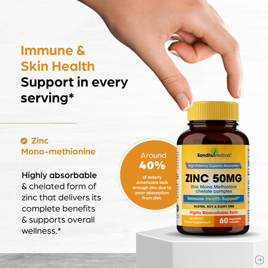 Back label of Sandhu Herbals Zinc 50mg monomethionine capsules bottle