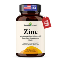 SANDHUHERBALS Zinc 30mg with D3, B6, Biotin bottle label and capsules