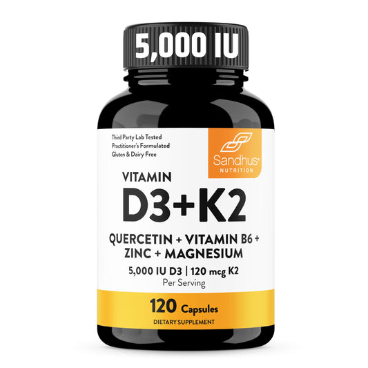 Bottle of Sandhu's Vitamin D3 K2 Magnesium 5000 IU 120 capsules