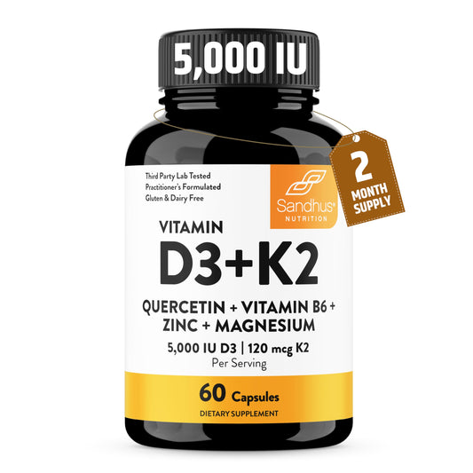 Bottle label of Sandhu's Vitamin D3 K2 Magnesium 5000 IU