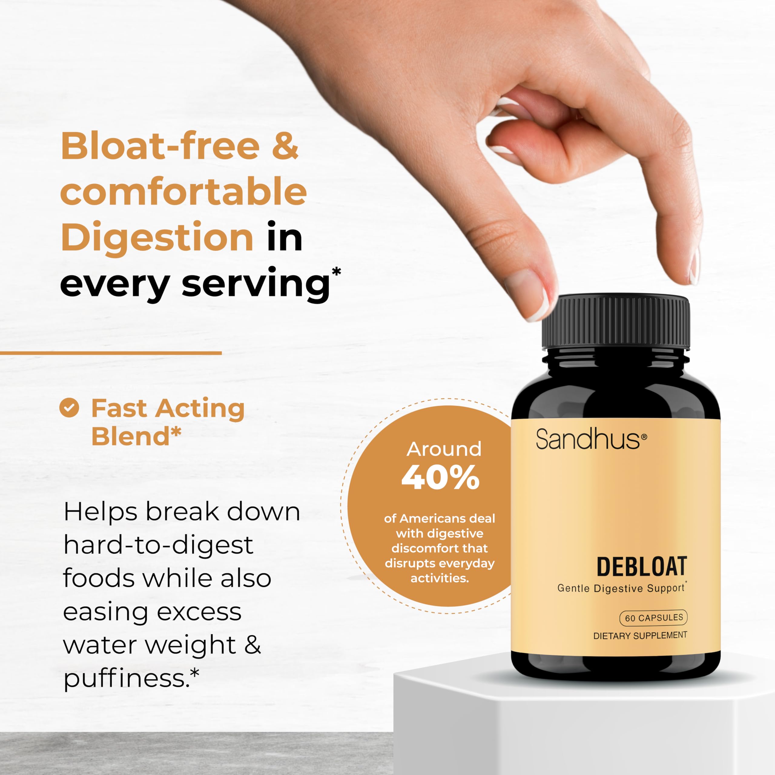 Sandhu's Debloat bottle shown after a meal usage concept