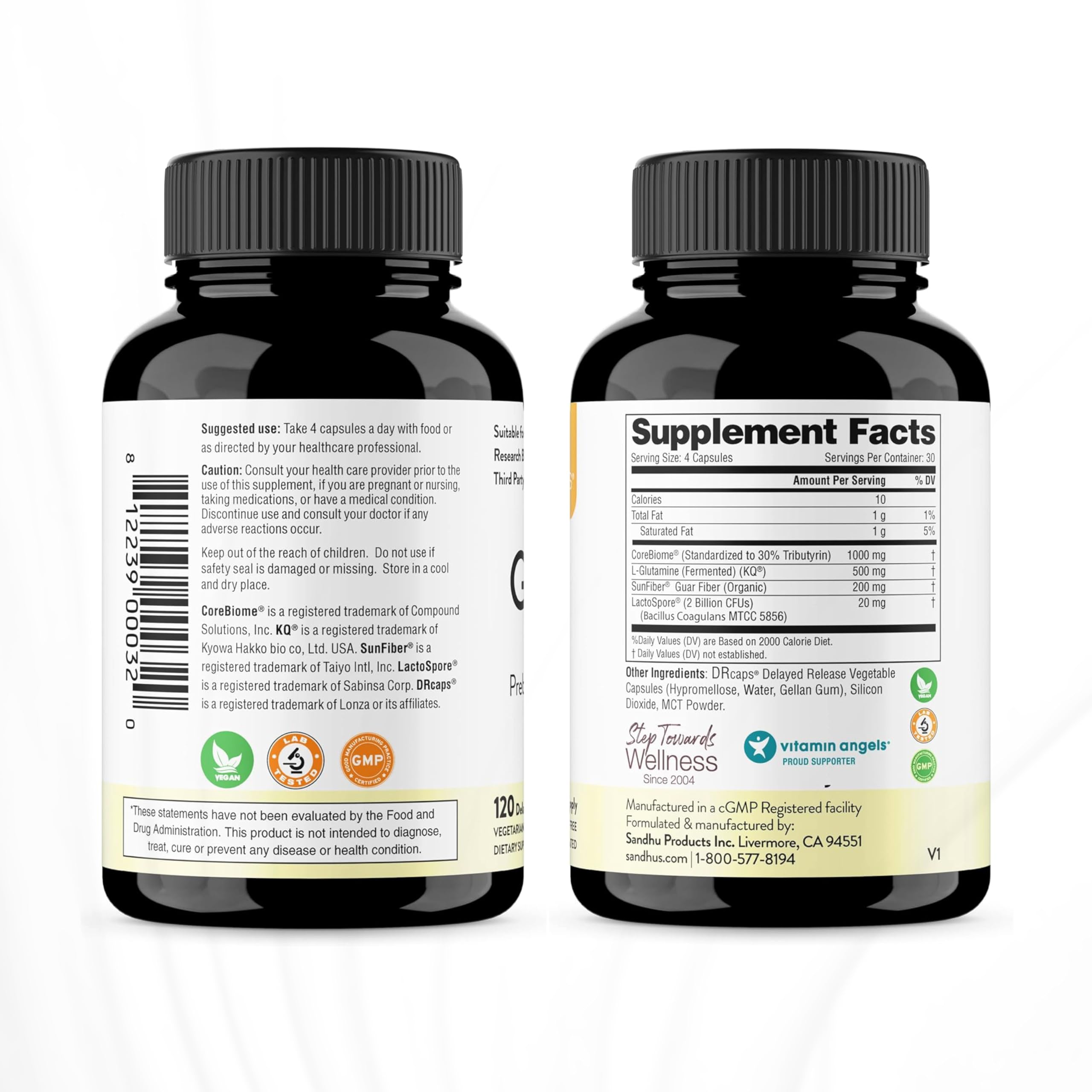 Graphic showing prebiotic, probiotic, postbiotic and L-glutamine ingredients