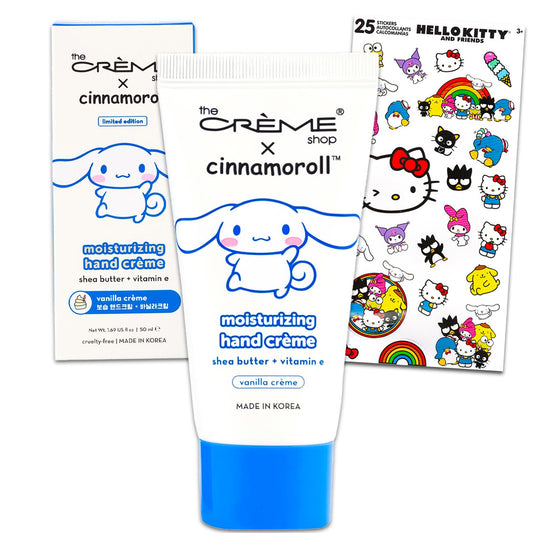 Sanrio The Creme Shop Cinnamoroll hand lotion bottle with vanilla creme scent and moisturizing shea butter