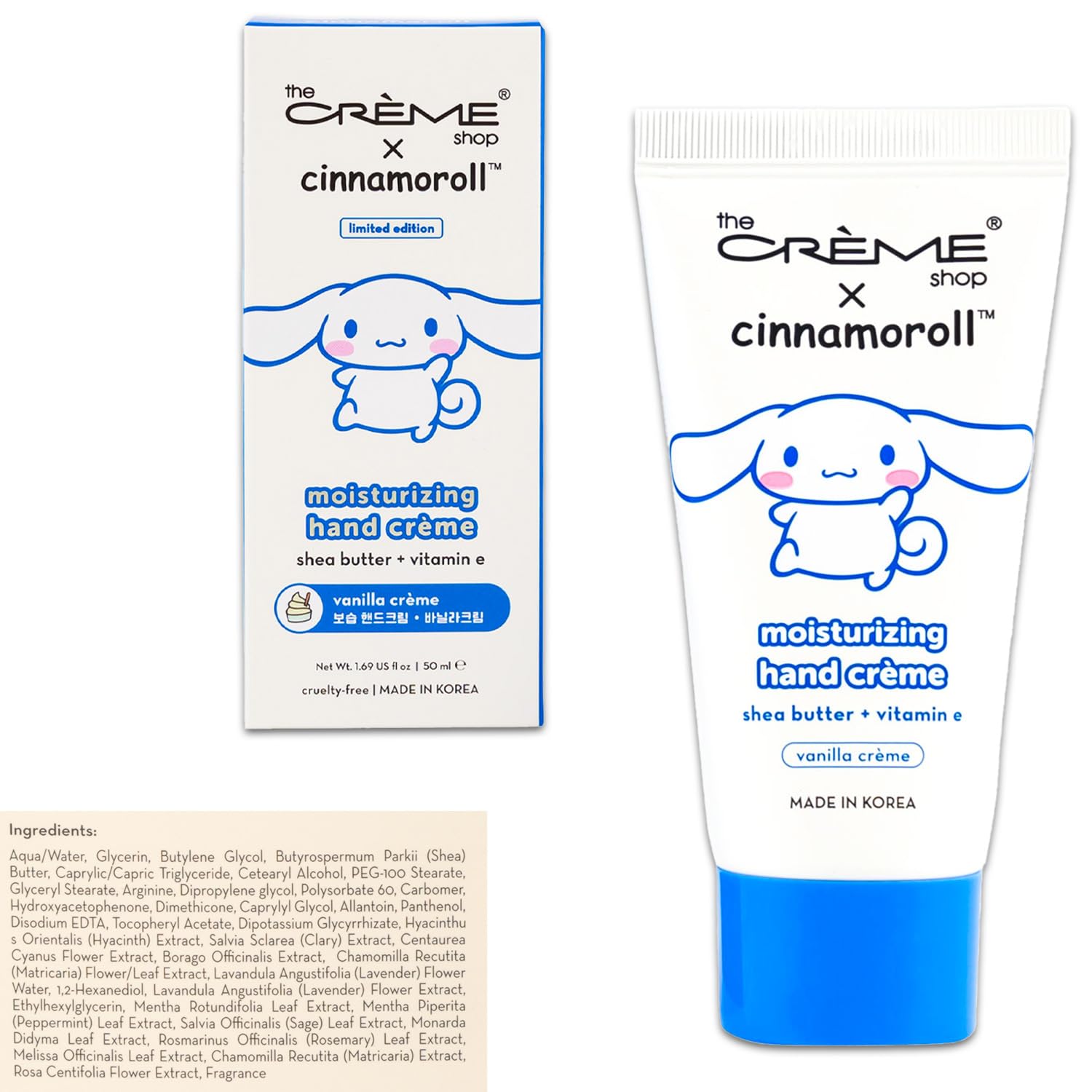 Sanrio The Creme Shop Cinnamoroll lotion tube showing vanilla creme scent and skin nourishment
