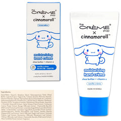 Sanrio The Creme Shop Cinnamoroll lotion tube showing vanilla creme scent and skin nourishment