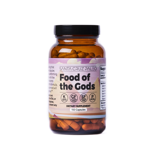 Bottle of Santa Cruz Paleo Food of the Gods beef organ supplement with capsules