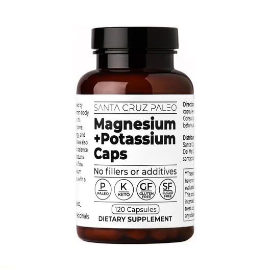Bottle of Santa Cruz Paleo Magnesium + Potassium Caps on a white background