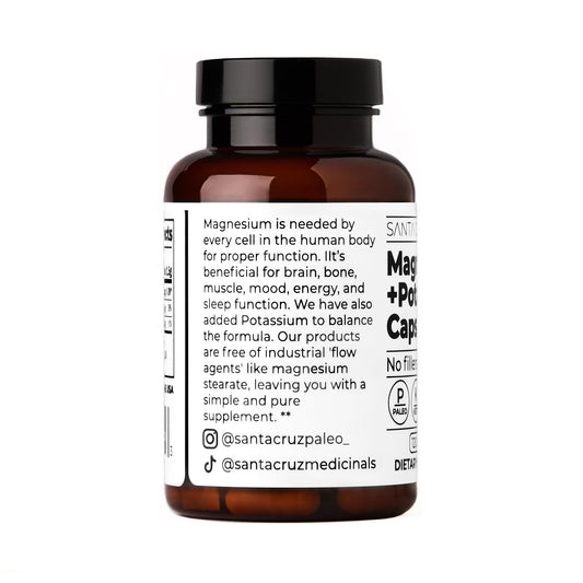 Supplement facts panel showing 166 mg magnesium and 38 mg potassium per serving