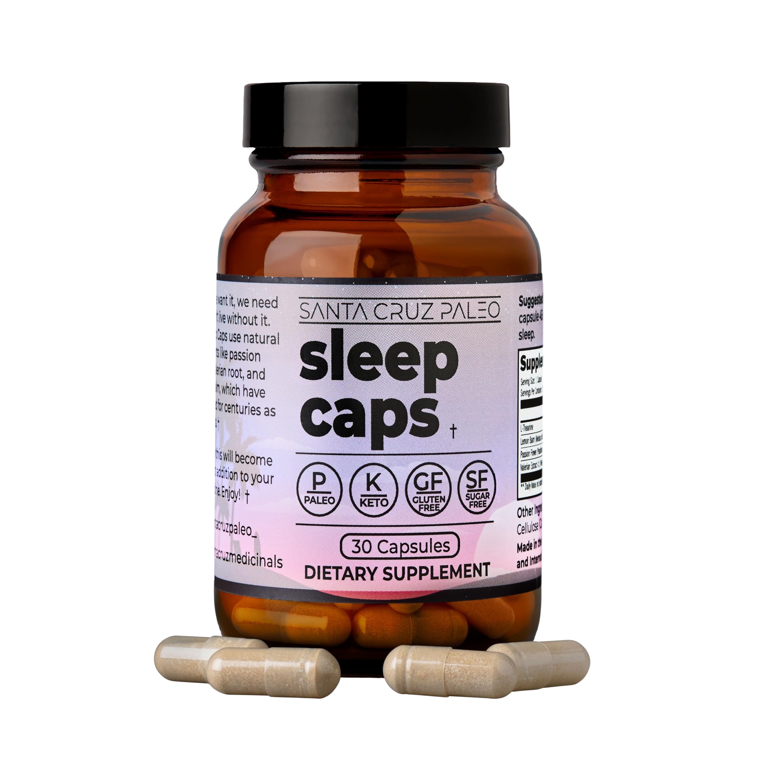 Santa Cruz Paleo Sleep Caps bottle label showing L-Theanine and botanicals