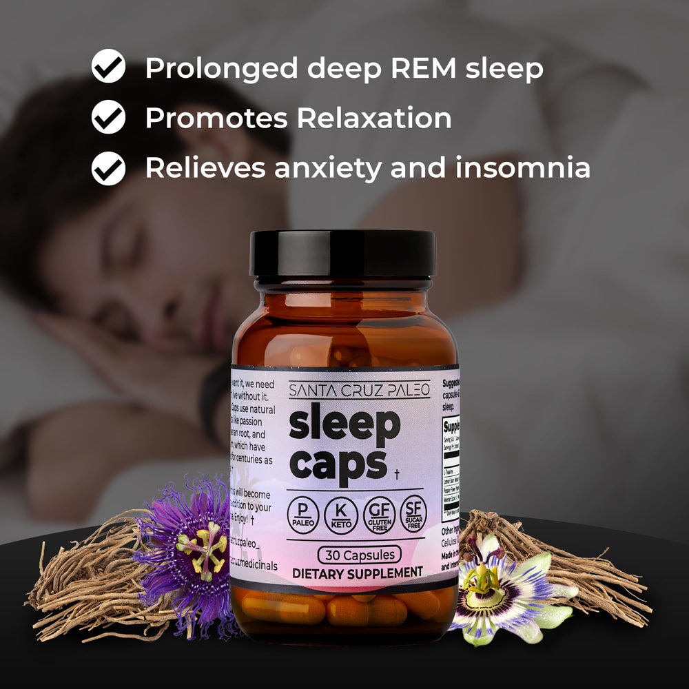 Sleep Caps capsules with bottle on a dark background