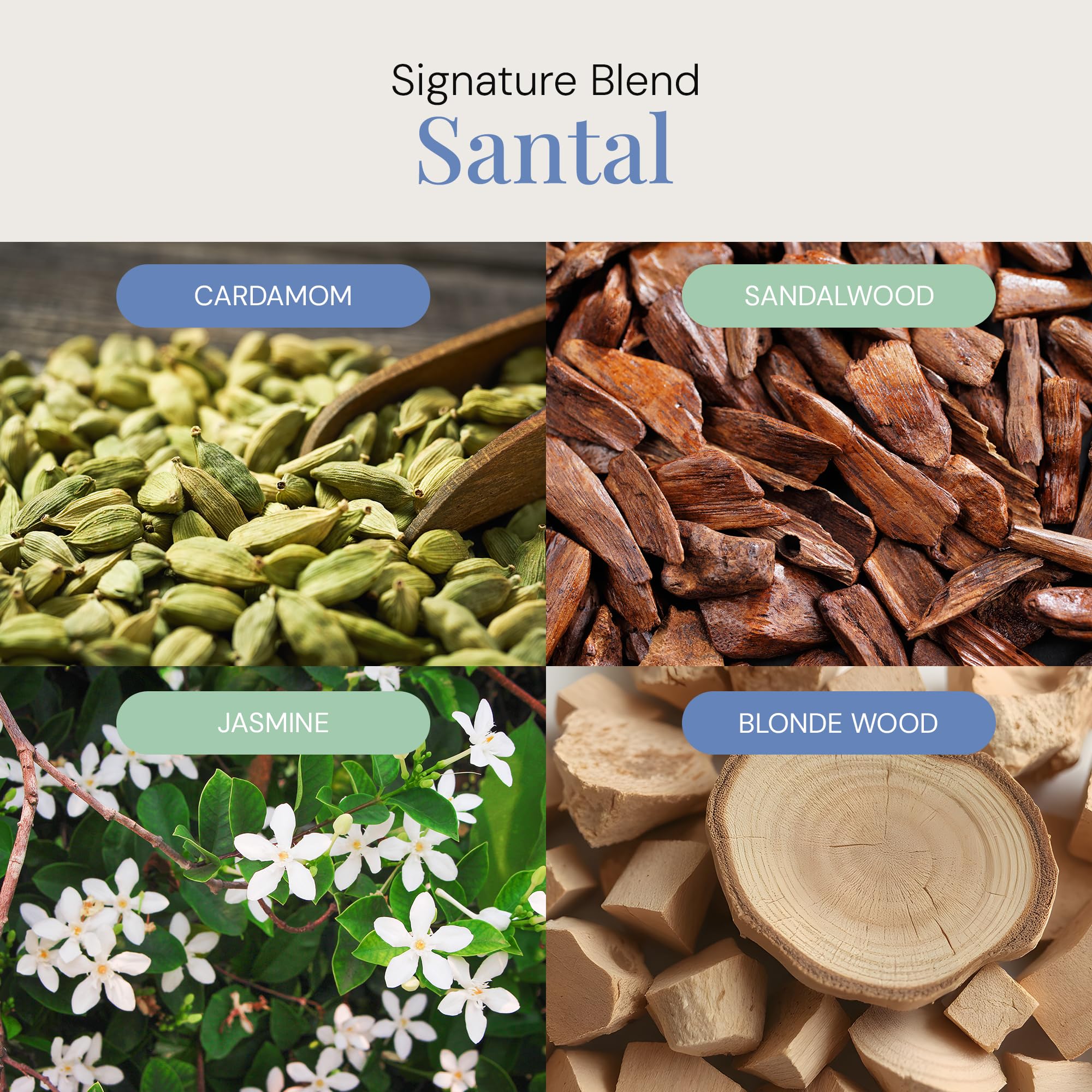 Assorted essential oil bottles including sandalwood and cardamom