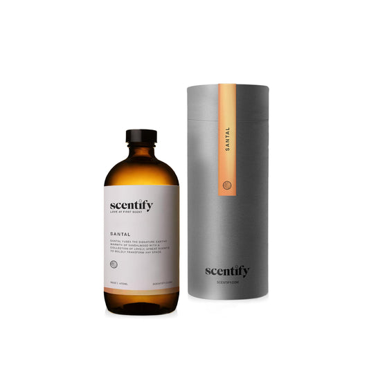 Bottle of Santal aroma oil refill with iris and eucalyptus top notes
