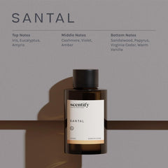 Base notes of sandalwood, papyrus, virginia cedar and warm vanilla in Santal oil