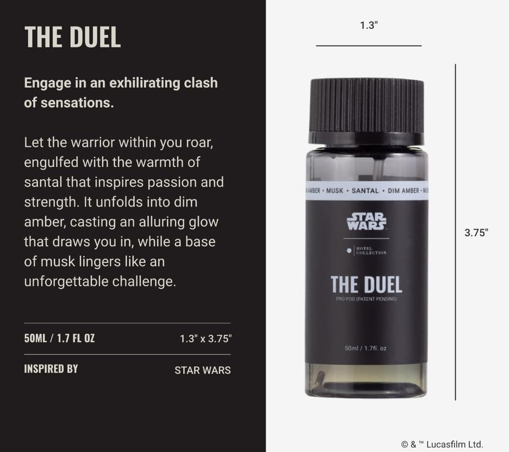 Close-up of The Duel fragrance notes: Santal, Dim Amber and Musk.