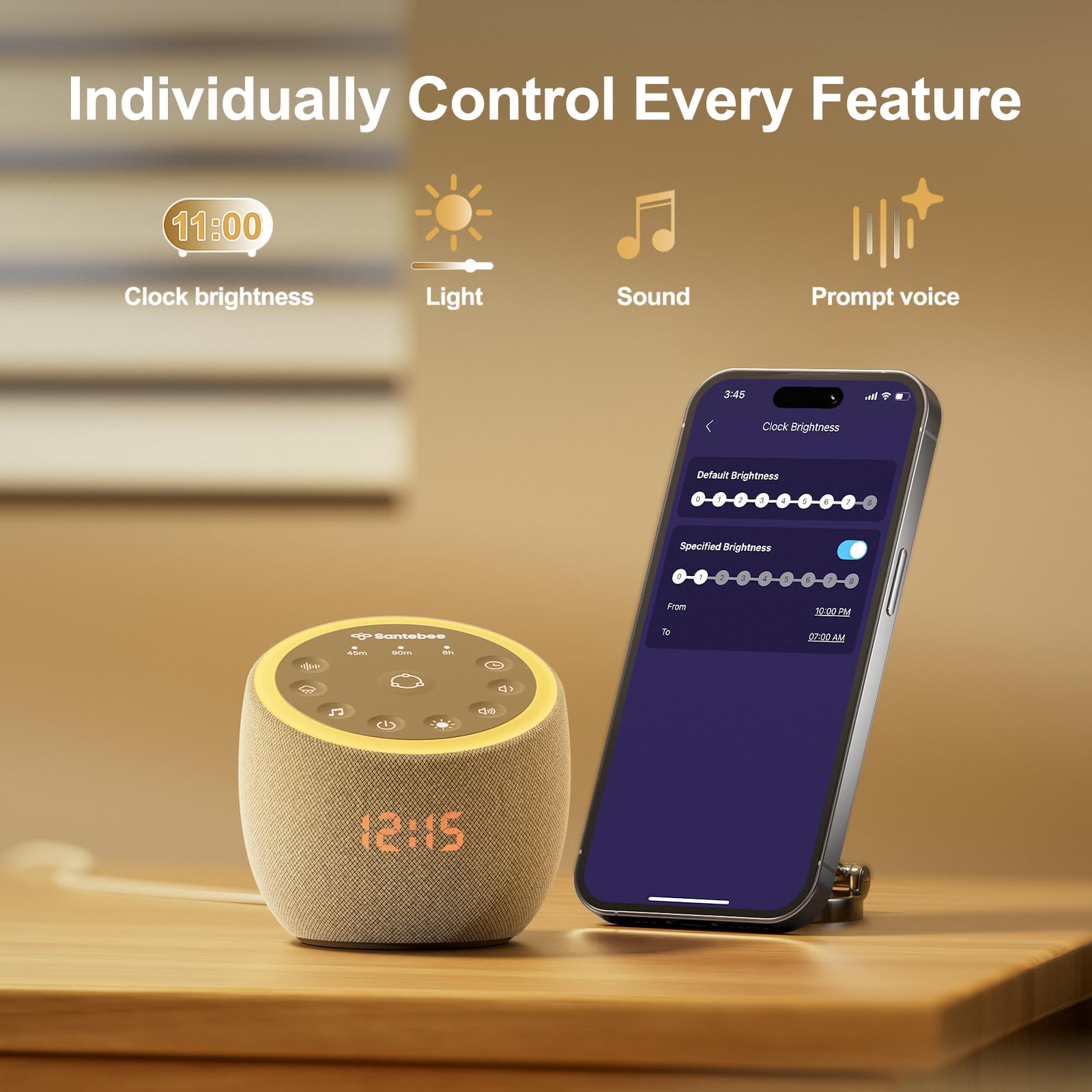 Santebee dimmable clock and night light soothing bedroom ambiance.