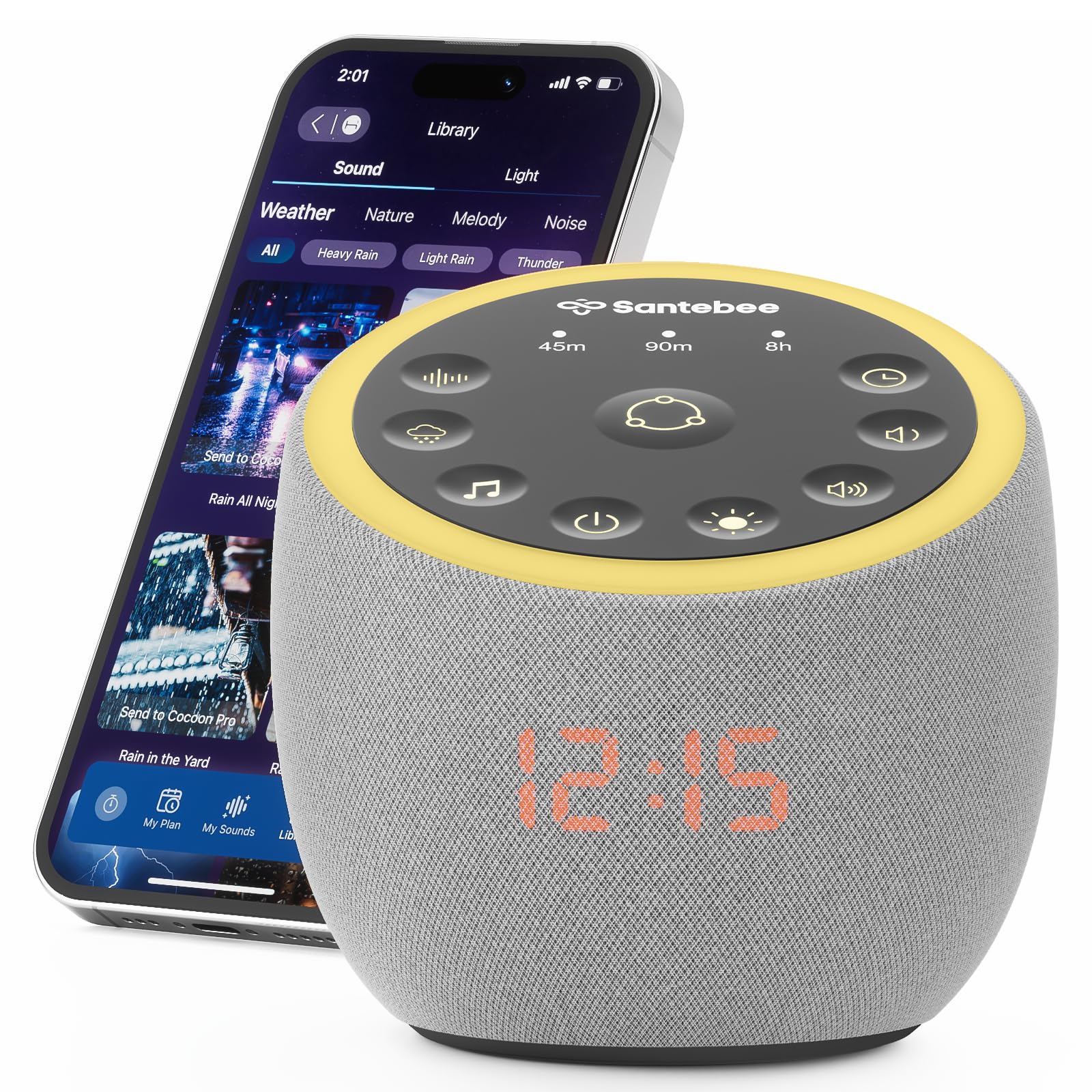 Santebee white noise machine front view for focused sleep and calm evenings.