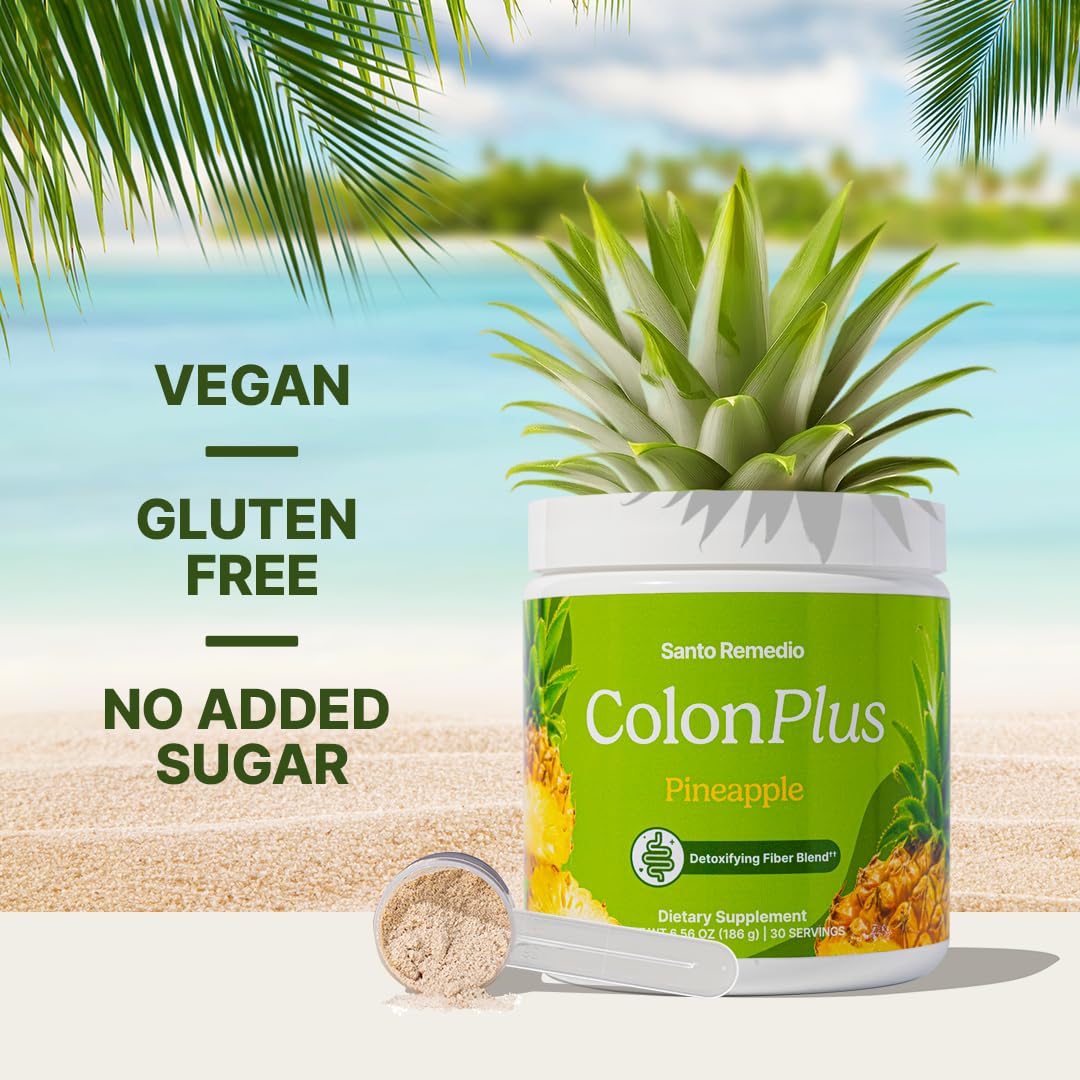 Colon Plus powder scoop and glass ready to mix for convenient fiber intake