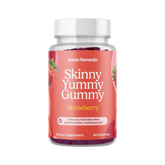 Front view of Santo Remedio Entalla Skinny Yummy Gummy strawberry bottle
